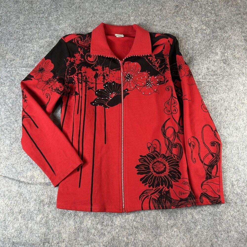 Jess & Jane Jacket Medium Rhinestone Zipper Canon Flower Floral Made In USA